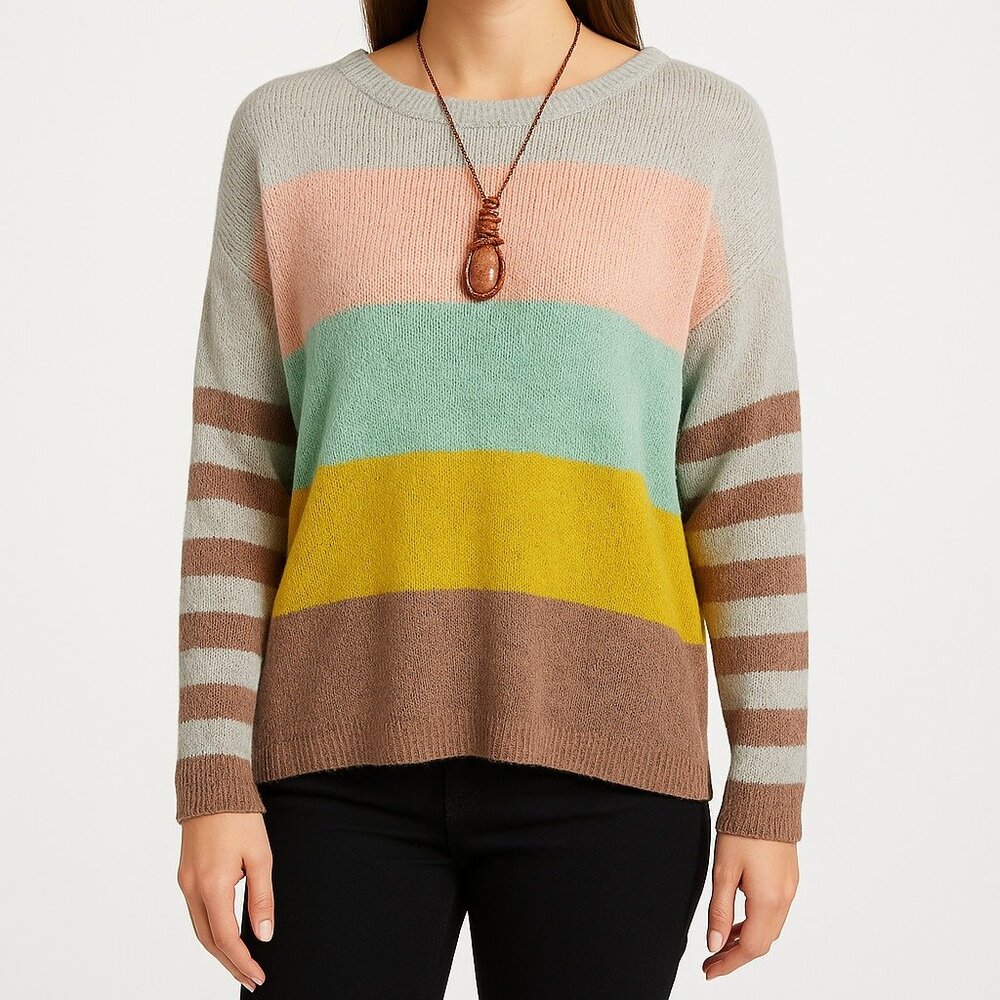 Davi & Dani Color Block Striped Sleeve Pullover Sweater L‎ Multicolor Knit Top